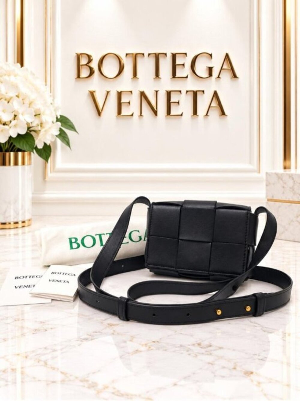Authentic Bottega Veneta Cassette Black Padded Leather Crossbody Belt Bag Small